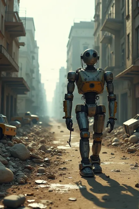 In an abandoned city, a robot with a body cobbled together from various discarded metal parts travels through the streets. Follow shot, panoramic shot of the robot traveling through the rubble, showing the street scene of the abandoned city.