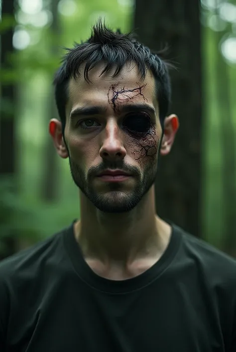  The face of a man without a beard ,nor mustache, with his right eye cut ,  short black hair ,  in a forest  