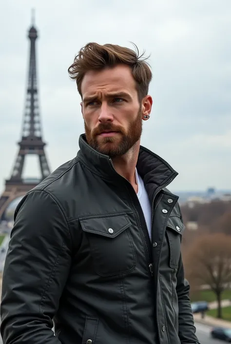  handsome man , Sensual, high, moreno,  athletic physique , Muscular,     Broad shoulders, strong arms,     with angular strokes  , defined jaw, Straight Nose,   blue eye piercings  ,     brown hair,  It looks like its Chris Evans    ,  short, well-groomed...