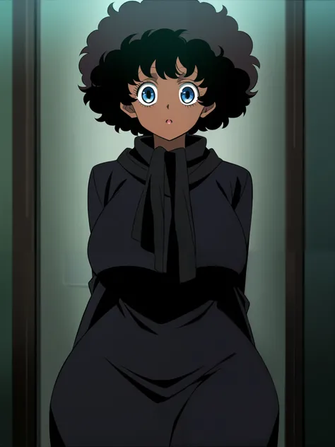 HunterXHunter screencap anime style a girl with short hair black hair wavy hair fluffy hair afro dark brown skin tone blue eyes wearing a black scarf around neck wearing a black robe wide hips big heavy chest inside room with black score_9_up, score_8_up, ...