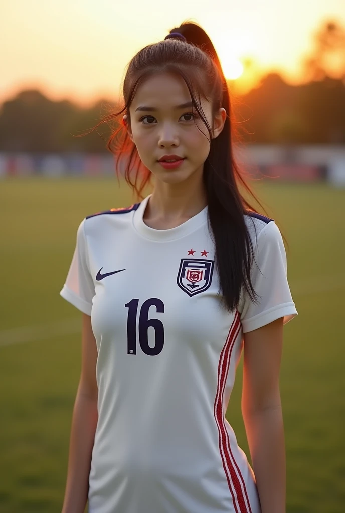 The Asian woman has clear white skin, looks straight to the audience, shiny tiled skin, strong abs, glowing skin, beautiful eyes and a 38-inch chest in a bright white Thailand national football shirt dress with graphic print. "Thailand 16"  dress,  in the ...