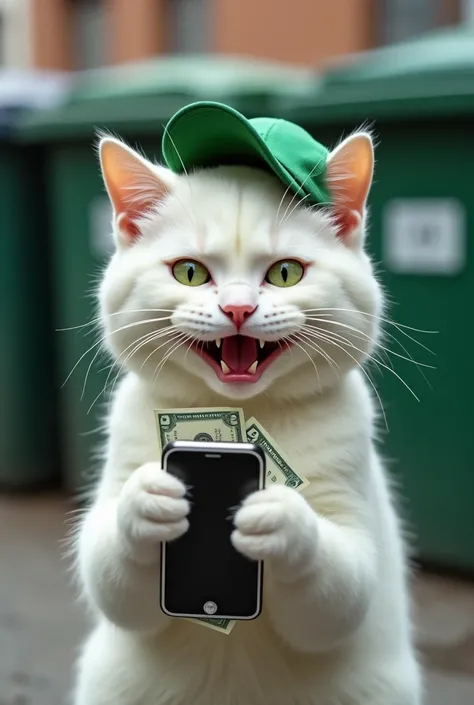  A white cat looking Machiavellian and a Machiavellian smile with a cell phone in his hand as if he were betting,wearing a green cap smiles broadly , showing his teeth.  He holds some dollar bills in his paws and seems to be in an outdoor environment , wit...