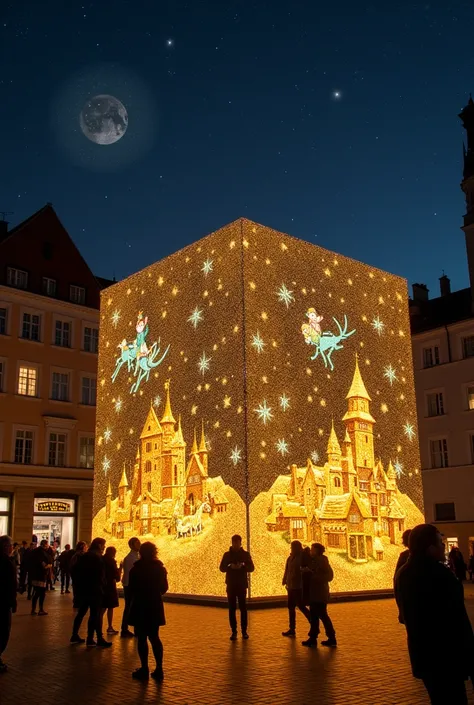 " In the night sky above the square ,  magical images projected by the golden light of the box.  Elves building toys , reindeer flying with sledges ,  and Santa Claus delivering presents .  The golden light mixes with the stars in the sky ,  as people watc...