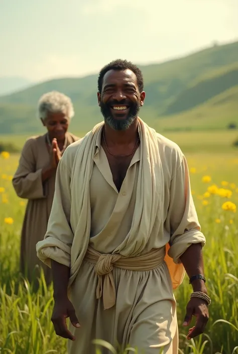 The middle-aged black man wearing simple Claras clothes, right in a shade of white, hes wet with sweat but hes happy because he won the freedom of the fields and the fields. In the background, an elderly black woman being a prayer to this black man so that...