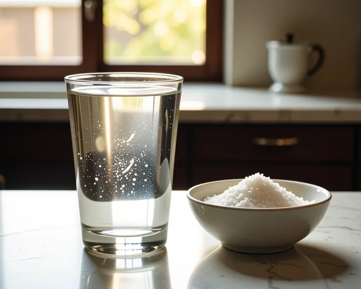 A clear glass of water, perfectly transparent with small droplets of condensation glistening under soft natural sunlight, sits on a smooth marble countertop. Beside it, a delicate ceramic bowl filled with coarse sea salt crystals sparkles in the light, emp...