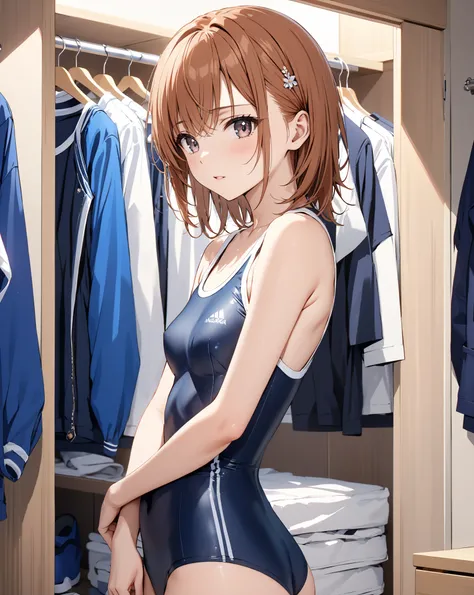 ( Japanese anime style),  cute,  school swimsuit, (Misaka Mikoto), Small breasts,  dressing room, masterpiece:1.5, masterpiece, highest quality, UHD, retina, masterpiece, accurate anatomy, super detailed, high quality, best quality, 8k