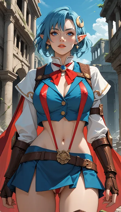 Score_9, score_8_up, score_7_up, source_anime, ((rating_safe)), rena lanford, 1woman, dynamic expression, blue hair, short hair, blue eyes, pointy ears, crescent hair ornament, red cape, blue vest, (slingshot bikini top under vest:1.37), erect nipples, (le...