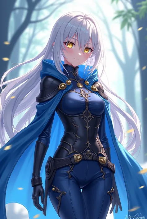 (work of art, Maximum quality, best qualityer, offcial art, beautiful and aesthetic:1.2) Anime Female, Long White Hair, Yellow Eyes, Wearing Blue Cloak, Black Armor, Blue Clothes, Dark Blue Pants.