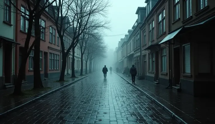 Video opens with a quiet, rainy street scene