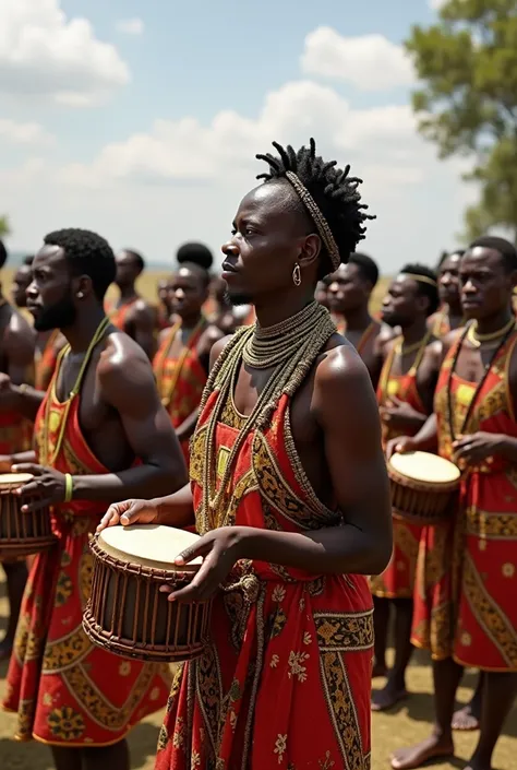 Le grand rassemblement :

"Villageois africains de tout genre et de tout âge se rassemblant sur la colline de lunité, discutant avec passion, avec des éléments de la culture africaine comme des tambours, des danses et des vêtements traditionnels.