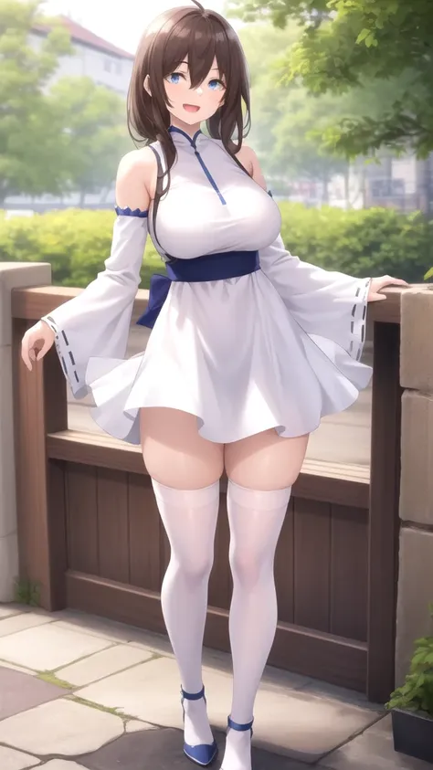 masterpiece, best quality, high quality, girl, solo, looking at viewer, fumiya_tomozaki, brown hair, hair between eyes, large breasts, white dress, detached sleeves, blue thighhighs, standing, outdoors, smile, open mouth,