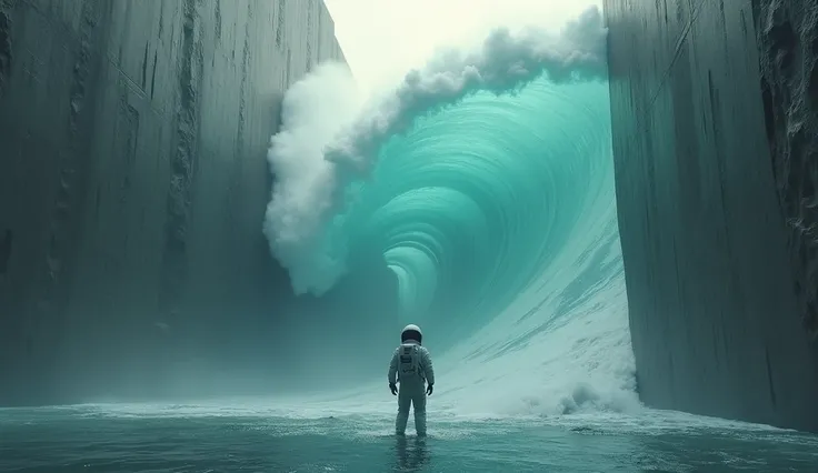 A minimalist wide-angle photograph of an astronaut standing in an ocean, surrounded by a massive, towering wave. The scene features a dark gray wall in the background with aquamarine highlights, illuminated by soft beige light. The composition is cinematic...