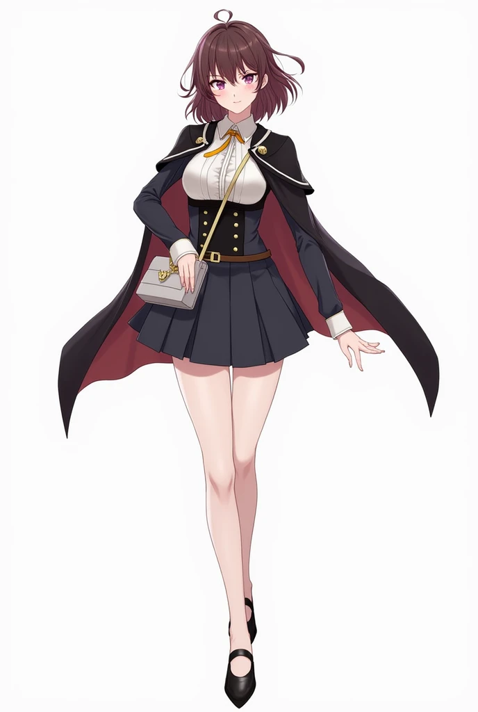 a woman in a short skirt and cape with a purse, a digital rendering by Kamagurka, pixiv, shin hanga, visual novel sprite, single character full body, full body with costume, full body sprite, from arknights, full body adoptable, ( ( character concept art )...