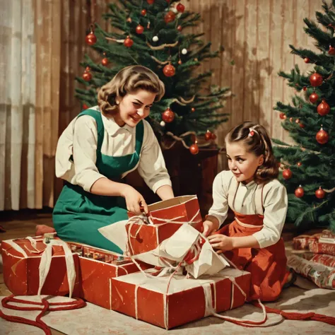 The atmosphere of the USSR ,  mother and daughter with a box wrapped in paper and tied with rope in their hands,  christmas tree ,  room,  Soviet postcard , Joy, retro, 1956


