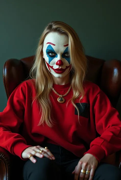 (photorealism:1.2), beautiful woman, 
A woman in a red sweatshirt, long blonde hair, with a clown mask on her face, she is sitting in a leather chair, Godfather style. Person - A blonde woman with long hair. Clothes – Red sweatshirt with black details. Acc...