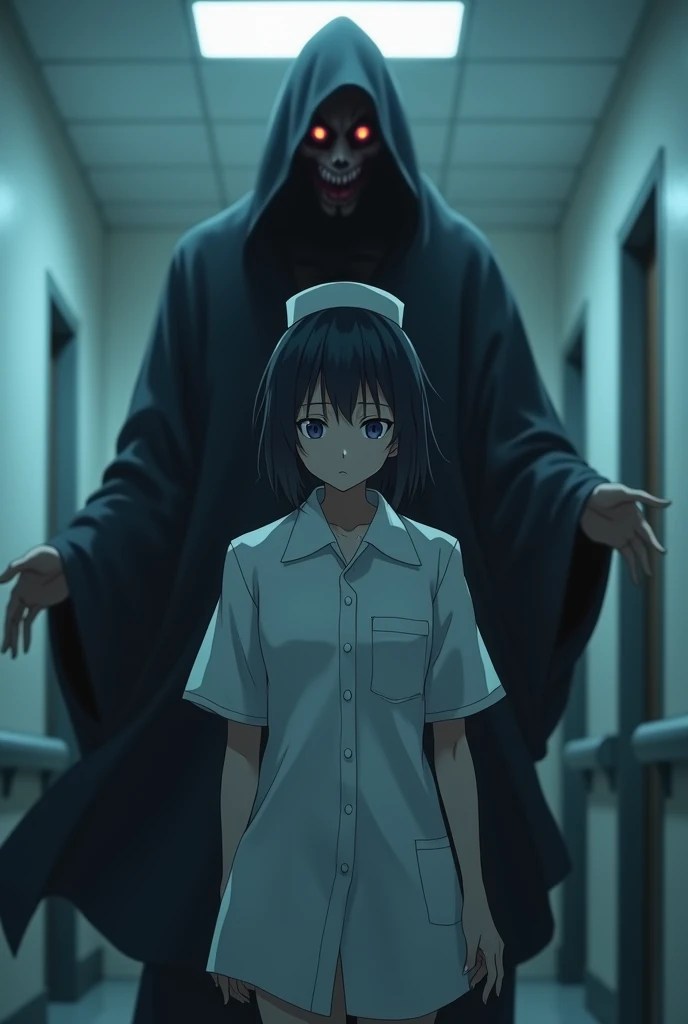 a scared nurse in a white uniform in a hospital with a scary macabre spirit in black behind her.  I want a very scary image for the cover of my dark YouTube channel in an anime tone. scariest 16x9 image .
