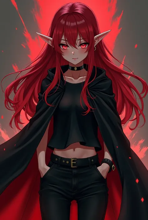 (work of art, Maximum quality, best qualityer, offcial art, beautiful and aesthetic:1.2) Anime Rebel Female Elf, Long Red Hair, Red Eyes, Wearing Black Cloak and Black T-Shirt, Black Pants.