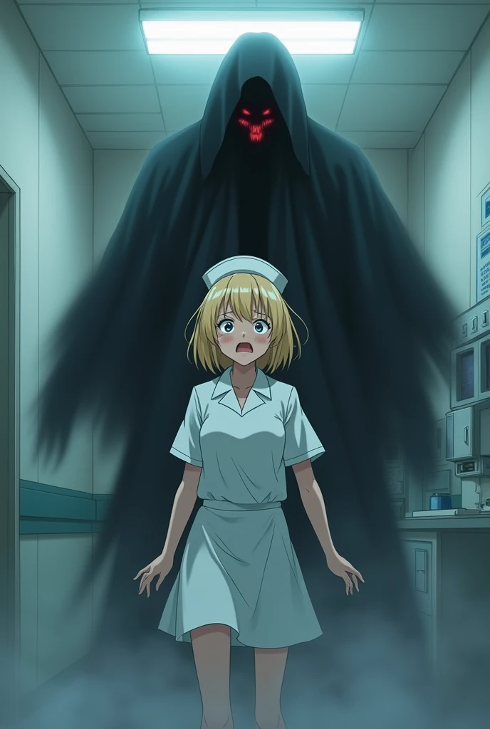 a scared blonde nurse in a white uniform in a hospital with a creepy macabre spirit in black behind her. I want a very scary image for the cover of my dark YouTube channel in an anime tone. scariest 16x9 image .
