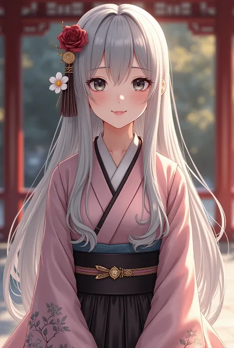  Prompts Super delicate and cute girl with silver hair、a high school student、、 8k Ultra High Definition , delicate texture, long hair、[ smiley face、elegant look, black eyes, Castle hall, full body standing princess kimono looking at the camera 