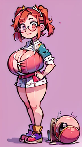  human Eliza Thornberry, full body, (gigantic breasts: 1.9) , brown eyes, round glasses, standing upright, red hair, twin braided pig tails and pink hair bow, teeth braces, smiling, casual, Bold colours and patterns, Eye-catching accessories, Fashionable a...