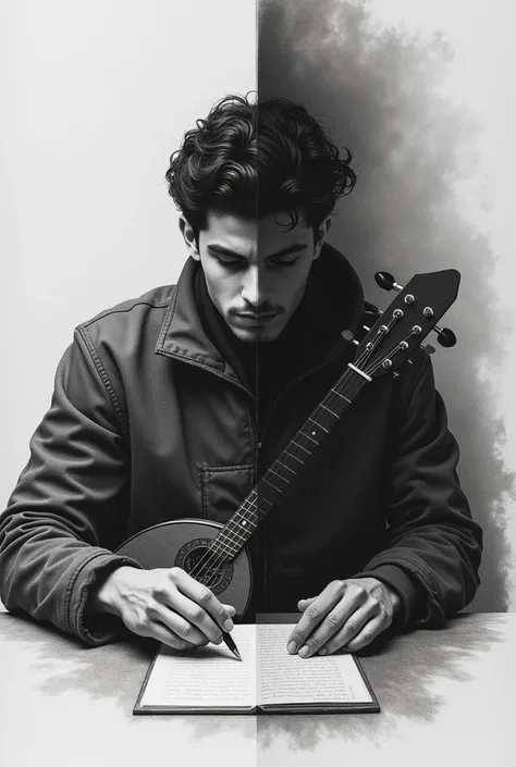  An image concept ,  that shows a young man ,  which is divided into two opposite halves .  On the left side, he holds an oud in his hand .  On the On the right side, he sits in front of a paper and a pen ,  immersed in writing ,  with dark and gloomy colo...