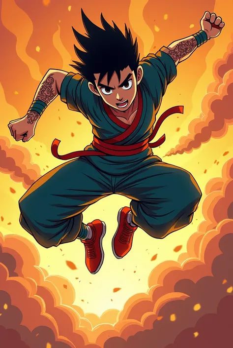 A dynamic anime-style illustration of a young ninja character, leaping through fiery clouds, featuring vibrant colors, detailed designs, a bold color palette of oranges, yellows, blues, and blacks, with intricate patterns on clothing and tattoos,  and a dy...