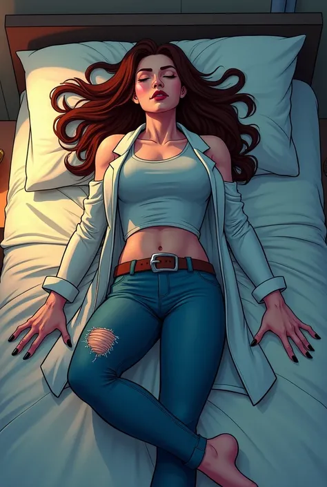  Dynamic Spider-Man animated series art image of a scientific wild and very muscular beast, Dr..  Jennifer Marie Evans ,  with long brown hair flowing wildly ,  CLOSED EYES SLEEPING ,  fair skin and black nails . He wears a torn lab coat on his forearms, w...