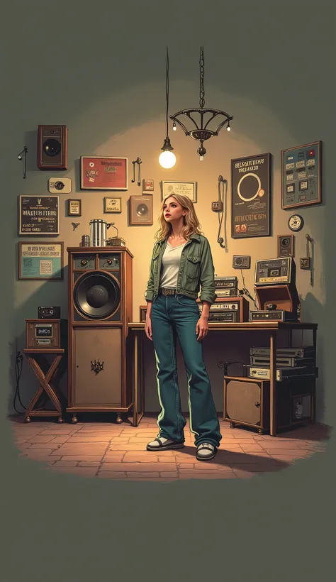  beautiful Buffy Summers stands in an underground recording studio listening to vinyl records,  smiling sweetly , there is a poster on the wall with the inscription "KMR BND ",  dark creative atmosphere ,  lots of different old equipment and records , lots...