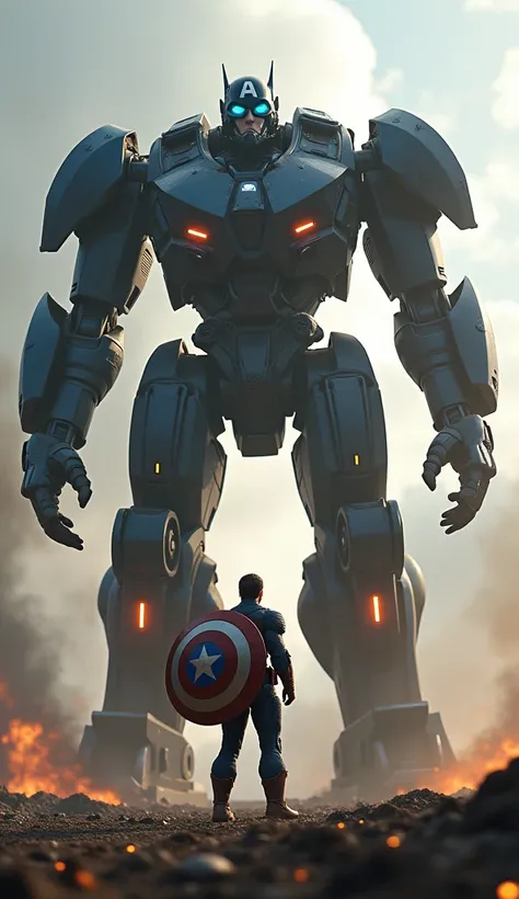 A realistic depiction of Captain America, wearing his iconic star-emblazoned shield and suit, facing a towering, heavily armored battle mech. Captain America stands in a heroic pose, holding his shield at the ready, while the battle mech looms over him, it...