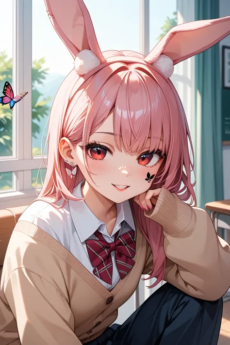 Bunny ears　pink wolf hair　Mesh Color　Red Eye、Small breasted girl,A worn-out cardigan　High School Uniform　 gal　 Loose Socks 　 loafers without pants,Lots of earrings,butterfly tattoo on cheek ,Crouch