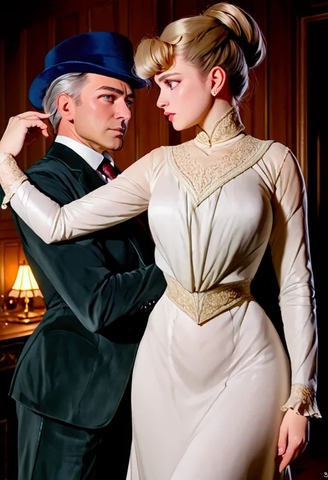 a voluptuous 14yo blonde gibson girl, (((seducing an unattractive horny 69yo man standing behind her))), 1900_dr3ss. Girl wearing an elegant Edwardian gown and hat. Man wearing a suit. Teen girl and Old Man. photorealistic, dramatic lighting, cinematic, in...