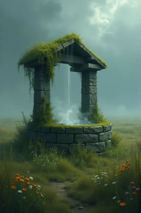 An ancient stone well in the middle of a desolate field, surrounded by overgrown grass and wildflowers. The well is partially covered with moss, and faint glowing mist rises from its depths. The sky is overcast, casting eerie shadows on the scene