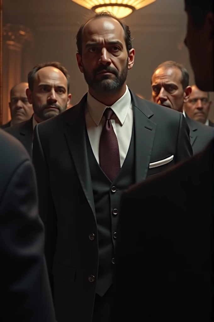 /imagine prompt: Realistic, personality: [Depict a medium shot of Burhans father, Ikram, a commanding figure in a crisp suit, standing with authority in a dimly lit room adorned with opulence. His face is stern and focused, a hint of ruthlessness in his ey...