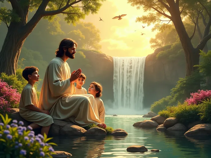 Generate an image of Jesus praying surrounded by several boys in a beautiful garden with a waterfall and a beautiful bright sun with a sky full of birds with a resolution of 4 k