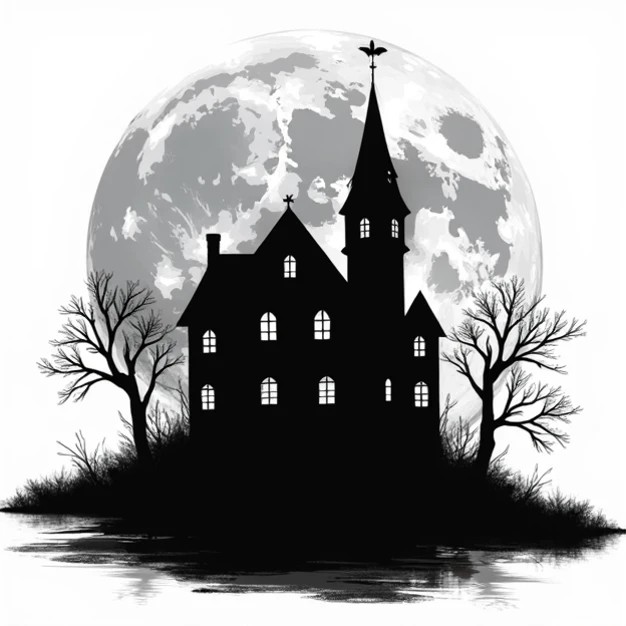  Generate the black silhouette of a mansion with the giant moon behind it all on a white background, This must be in a half realistic style ,  as if it were just an image of a half realistic black on a white background