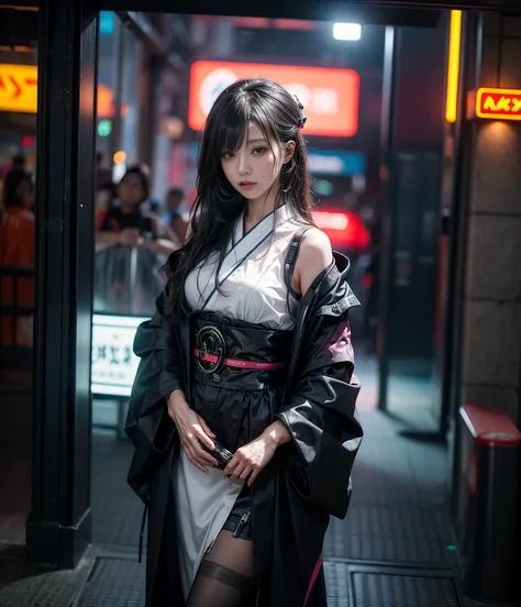 A photo of a woman immersed in a futuristic cyberpunk world while cosplaying in a high-tech kimono, captured at night with neon lights, using a mirrorless camera with a wide-angle lens, and an edgy cyberpunk photography style.