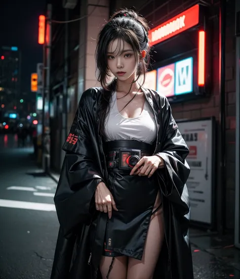 A photo of a woman immersed in a futuristic cyberpunk world while cosplaying in a high-tech kimono, captured at night with neon lights, using a mirrorless camera with a wide-angle lens, and an edgy cyberpunk photography style.