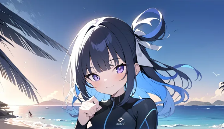 1 girl, female anime, black with blue line wetsuit, diving mask on her face with snorkel, seaside,masterpiece,best quality,amazing quality,very aesthetic,high resolution,ultra-detailed,newest,scenery, palm_trees, solo, sidetail hair, breasts, looking at vi...