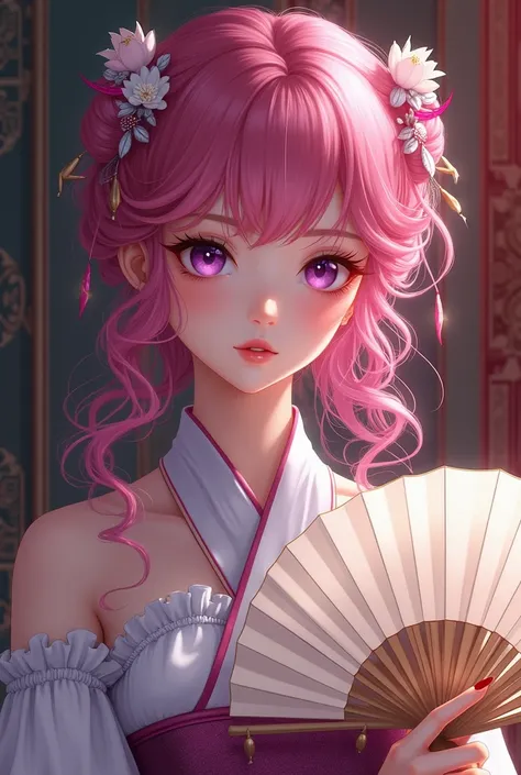  I want an image of a girl with curly pink hair with deep purple eyes with an egocentric look while holding a fan in one of her hands. High-Class Historical Manwha Style .