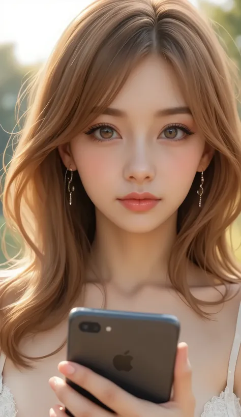(ultra detailed, absolutely resolution, best quality:1.3), 2.5D, delicate and dynamic, shading effects, hyper realistic, artistic photography,, (full body view:1.4), close up of a long blond haired woman holding a cell phone, Inspired by Magali Villeneuve...