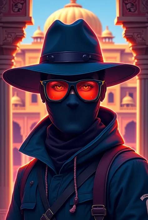 A person who wears a mask and a glasses, persons background shows he from Rajasthan, make a youtube channel profile picture with the name RAJASTHANI GAMER 