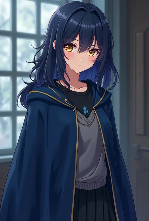 (obra de arte, qualidade máxima, melhor qualidade, Arte oficial, bonito e estético:1.2) A serious, closed-off anime woman who studied at Hogwarts, with dark blue hair, golden eyes, fair skin, dressed in a ravenclaw cloak, a gray sweater, a black t-shirt un...