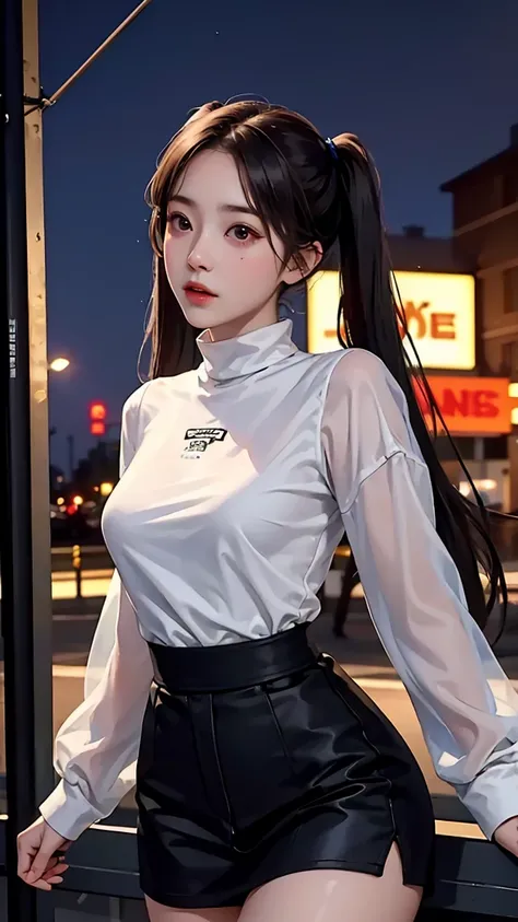 masterpiece, highest quality, One Girl, alone, blush, Twin tails, Long Hair, ((See-through streetwear)), Outdoor, night, Movie Posters, Extremely detailed 8K, Smooth, High resolution, super high quality, Cinema Lighting, 16k, Detailed face, Perfect composi...