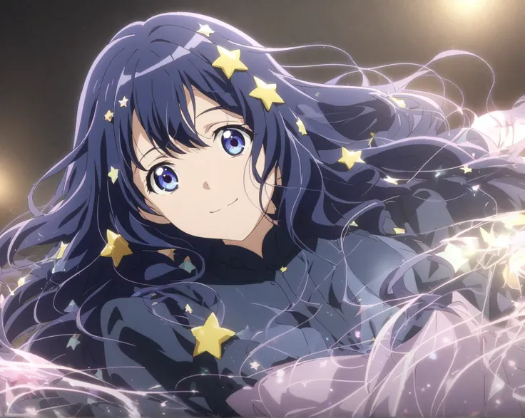 Beautiful older sister healing idol bust up photo anime picture, dark dark blue hair, long hair, star hair ornament, bangs flowing sideways:1.3 bangs, sharp, long eyes, calm atmosphere, gentle smile looking at me, healing background, warm and bright night ...