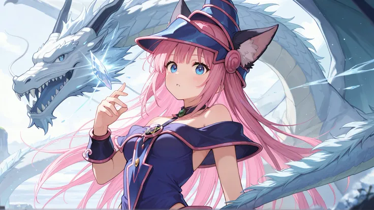 A teenage girl with long pink hair falling below her shoulders, bangs on the sides and striking blue eyes. She is dressed in a fantasy magician outfit in purple, white and blue shades, and on her head is a hat with cat ears. Shes using an ice spell, and th...