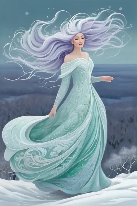  Beautiful full-length snowstorm lady .  Long dress waving in the wind .  Very long mint-colored hair with pale lavender in an extremely beautiful whimsical hairstyle. snowflakes, swirls of the wind , Feeling cold. Flat painting ,  Scandinavian style . 
Mi...