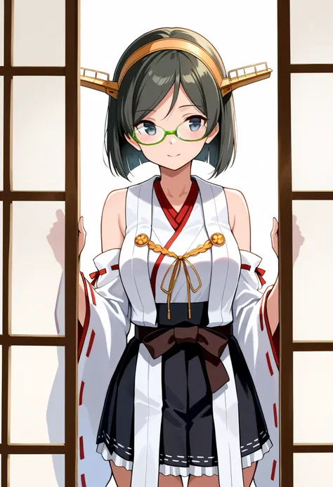  One girl , Adjustment_ eyewear, black_eye, black_hair, black_ skirt,   cowboy_shot,  detached_sleeve , MY  , glass,  green frame_ eyewear, hairband,  headgear , fleet_collection, Kirishima_( kancolle ), length_hair, Non-traditional_Shrine maiden, 1 time_d...