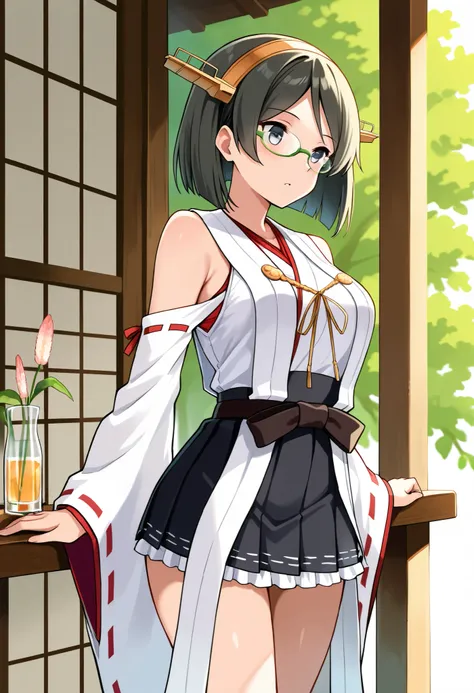  One girl , Adjustment_ eyewear, black_eye, black_hair, black_ skirt,   cowboy_shot,  detached_sleeve , MY  , glass,  green frame_ eyewear, hairband,  headgear , fleet_collection, Kirishima_( kancolle ), length_hair, Non-traditional_Shrine maiden, 1 time_d...