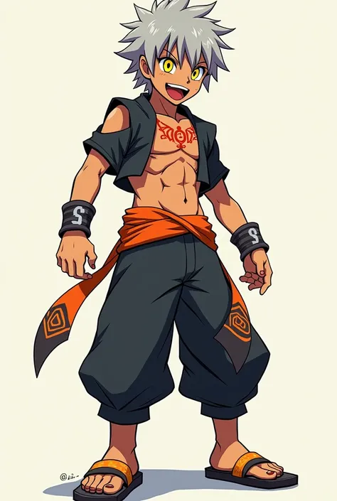  Full scene of a stylized anime character ,  probably from a game or manga .

The character is a young man .  His skin tone is a light bronze color .  He has short hair , spiky, Of course/gray, coberto por uma faixa com um símbolo ninja estilizado em gray ...