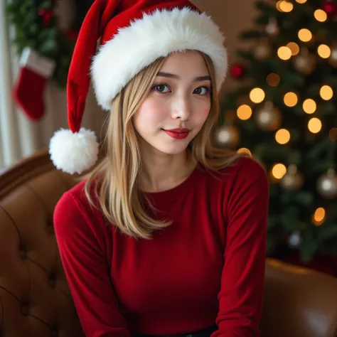 beautiful japanese actress like an idol, smiling, sitting and wearing a Dark red Velour Santa dress and santa hat with fluffy fur accents, Cluttered vivid Christmas room, slender face, big almond shape eyes, close up to her eye, portrait, instagram

She ha...